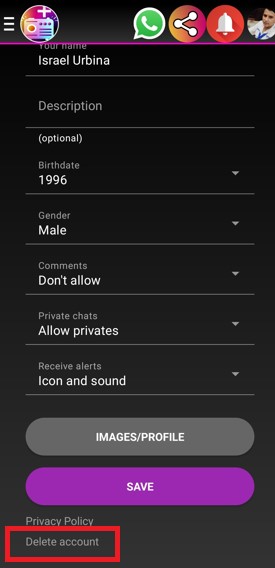 Botón de eliminar cuenta